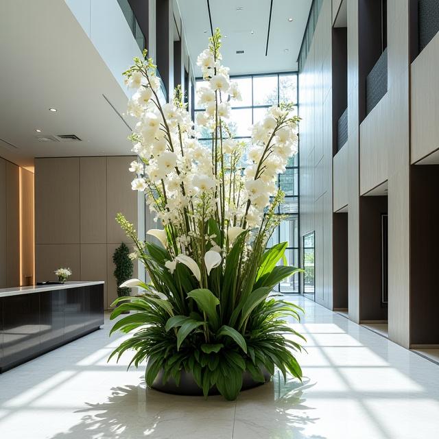 モダンなオフィスのロビーのための大規模な法人イベント用装花。