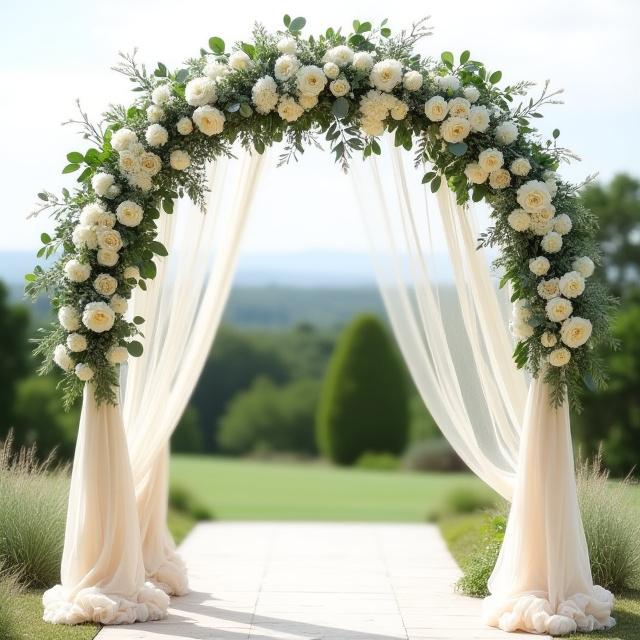 咲き乱れる花々で飾られたウェディングアーチ。