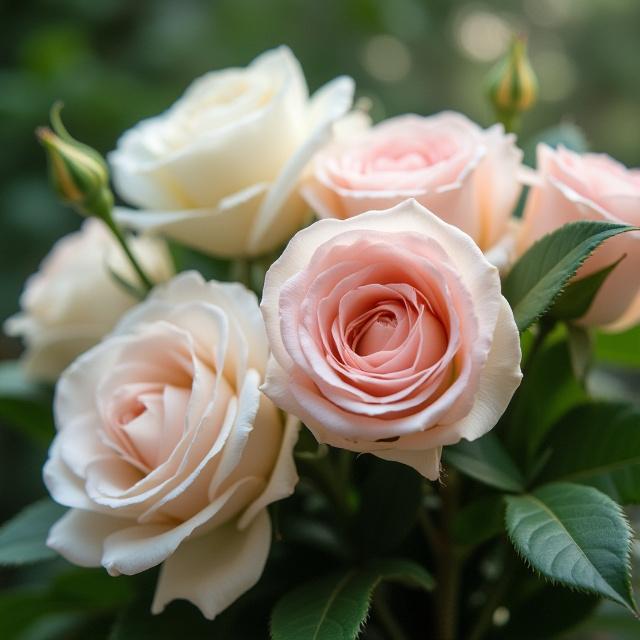 優雅なウェディングブーケ、ソフトなピンクとホワイトのバラ。