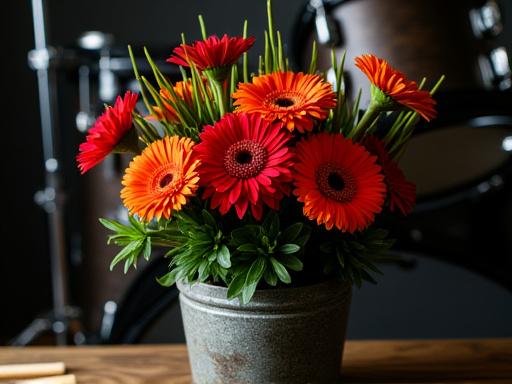 モダンなドラムセットの横に置かれたダイナミックな赤い花のギフトセット