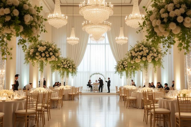 豪華な結婚式の会場装花と、演奏される弦楽四重奏団