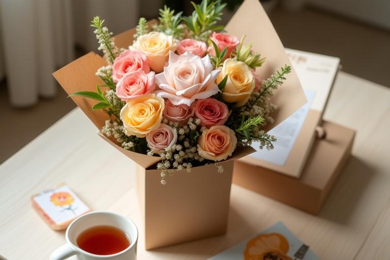 自宅に届けられた美しい花束とQRコード付きのカード