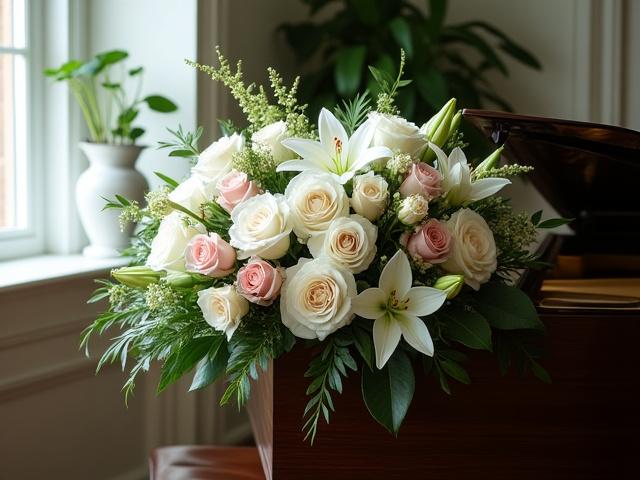 クラシック音楽をイメージした豪華な花の配列、ピアノの隣に置かれている