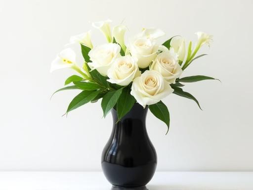 エレガントな白いバラと黒い花瓶のギフトセット