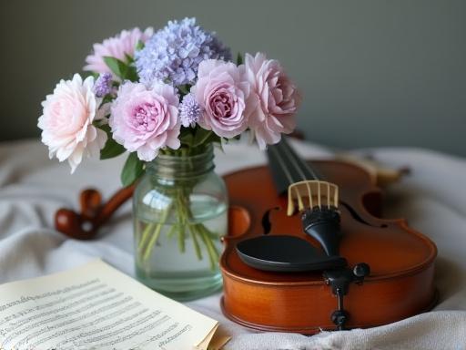 優雅なバイオリンとその隣に置かれたパステルカラーの花束
