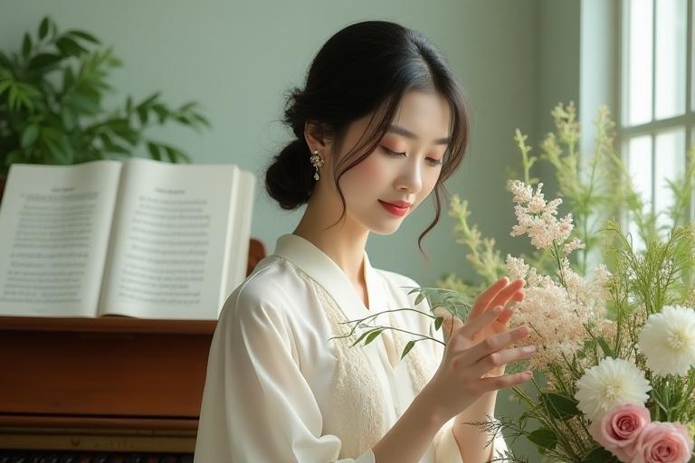 花とピアノの調和を表現する創業者、佐藤華氏のポートレート